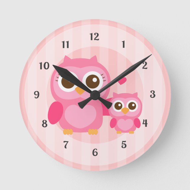 Niedliche Mami und Baby Pink Owl, Girls Bedroom Runde Wanduhr (Vorderseite)