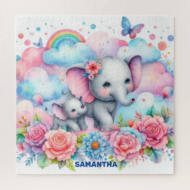 Niedliche Mami und ihr Baby Elefant Regenbogenfede (Vertikal)