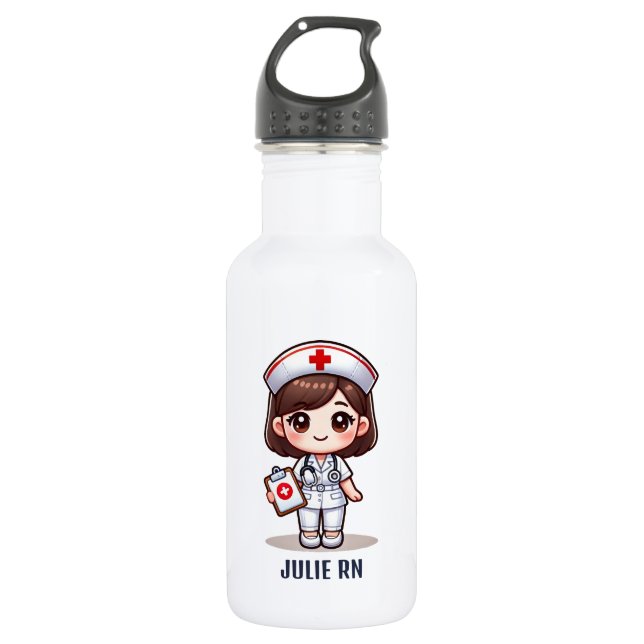 Niedliche Manga-Krankenschwester mit brauner Haare Edelstahlflasche (Vorderseite)