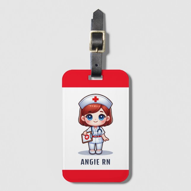 Niedliche Manga-Krankenschwester mit Red Hair Blue Gepäckanhänger (Vorderseite Vertikal)