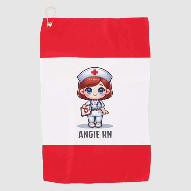 Niedliche Manga-Krankenschwester mit Red Hair Blue Golfhandtuch (Vorderseite)