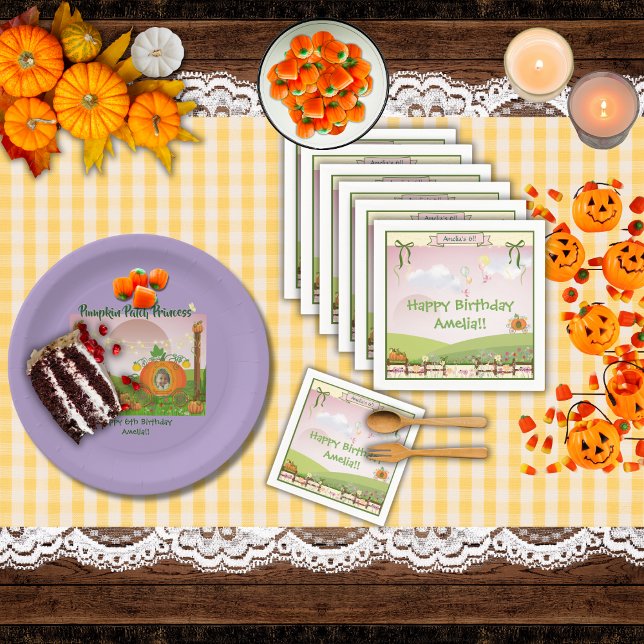 Niedliche Märchen Pumpkin Beförderung Mädchen Gebu Serviette (Personalized banner, pumpkin prairie, ribbons, cute birds with balloons, and wildflowers napkins)
