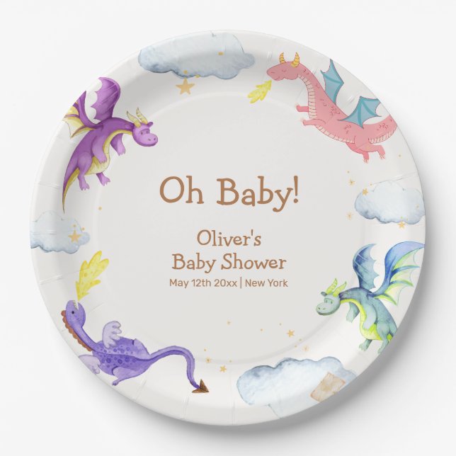 Niedliche Märchenmagic Dragon Babydusche Pappteller (Vorderseite)