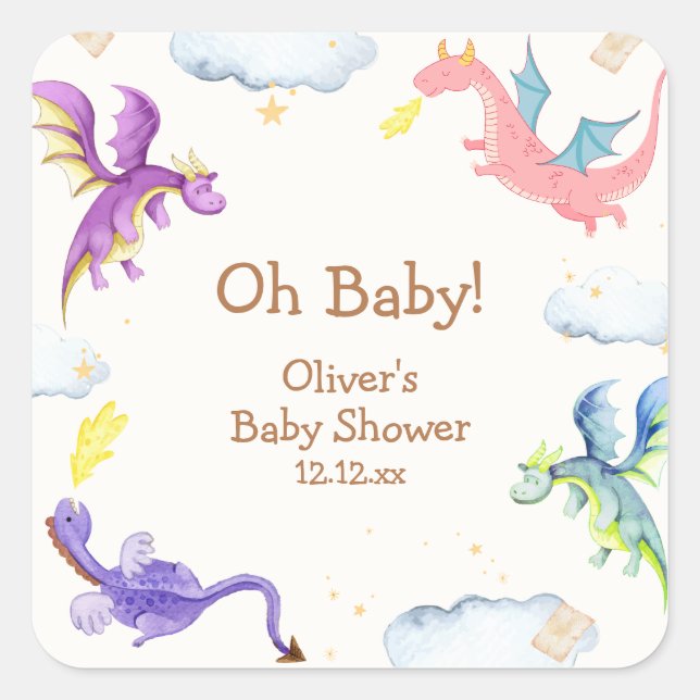 Niedliche Märchenmagic Dragon Babydusche Quadratischer Aufkleber (Vorderseite)