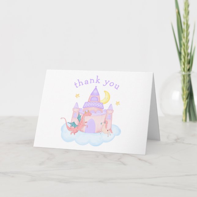 Niedliche Märchenschau Dragon Unicorn Burg Kinderd Dankeskarte (Vorderseite)
