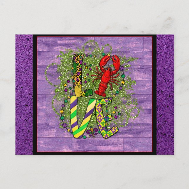 Niedliche Mardi Gras Liebe Beads Kräuterfisch Lila Postkarte (Vorderseite)