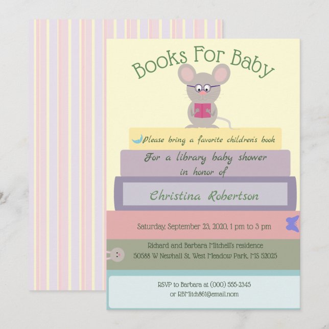 Niedliche Maus-Bibliothek Kinderdusche in Pinks Einladung (Vorne/Hinten)