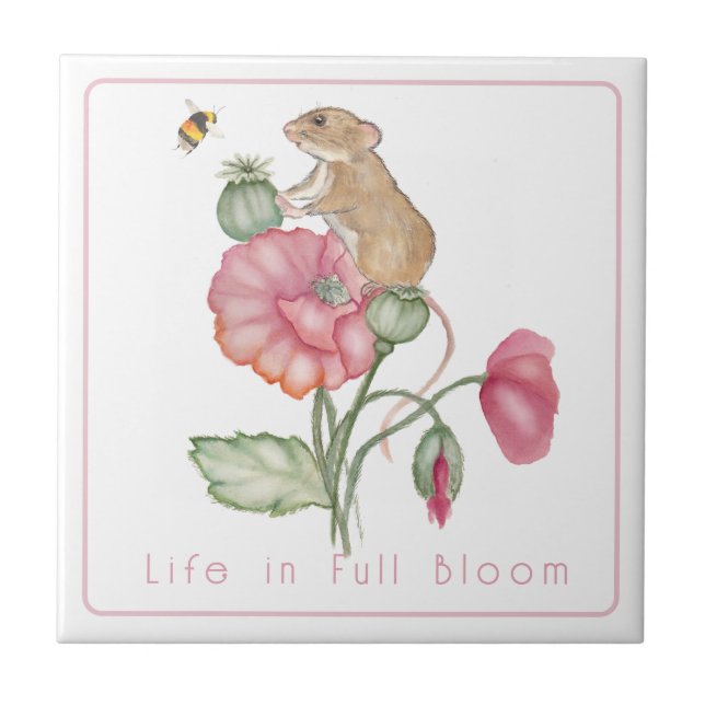 Niedliche Maus blühen auf Mohn Fliese (Vorderseite)