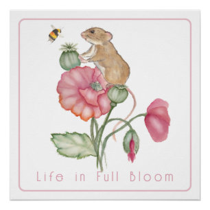 Niedliche Maus blühen auf Mohn Poster