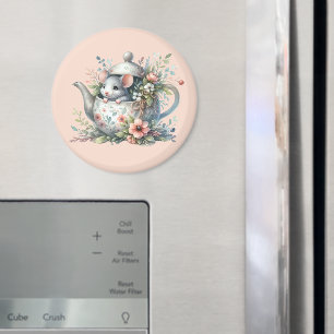 Niedliche Maus in Blumen-Teekanne-Illustration Magnet