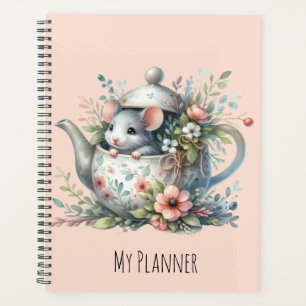 Niedliche Maus in Blumen-Teekanne-Illustration Planer