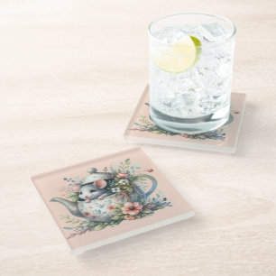 Niedliche Maus in einer Blumenteekanne-Illustratio Glasuntersetzer