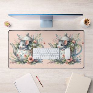 Niedliche Maus in einer Blumenteekanne-Illustratio Schreibtischunterlage