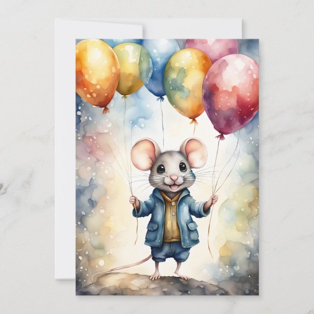 Niedliche Maus mit bunten Ballons, kundenspezifisc Einladung (Vorderseite)