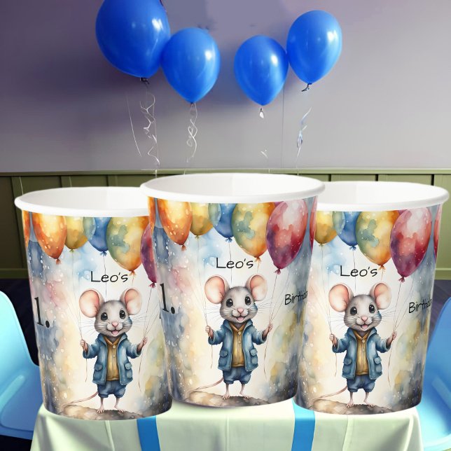 Niedliche Maus mit farbigen Ballons, personalisier Pappbecher (Von Creator hochgeladen)