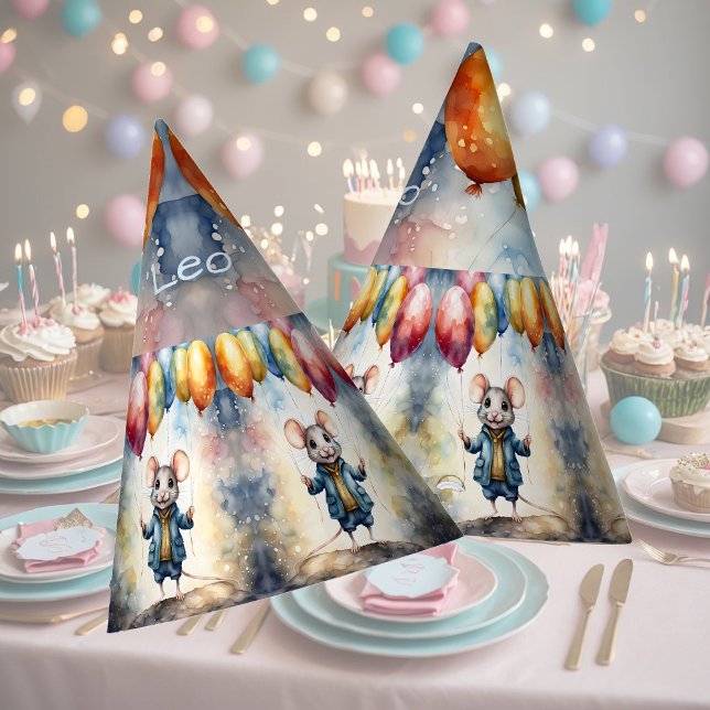 Niedliche Maus mit farbigen Ballons, personalisier Partyhütchen (Von Creator hochgeladen)