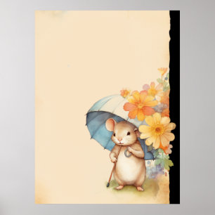 Niedliche Maus Regenschirm orange Blumen altes Pap Poster