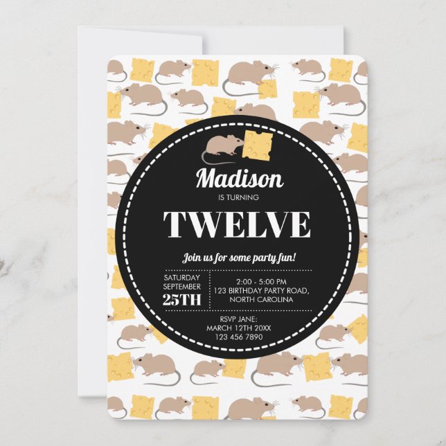 Niedliche Maus Rodent essen Käse Geburtstag Einladung (Vorderseite)