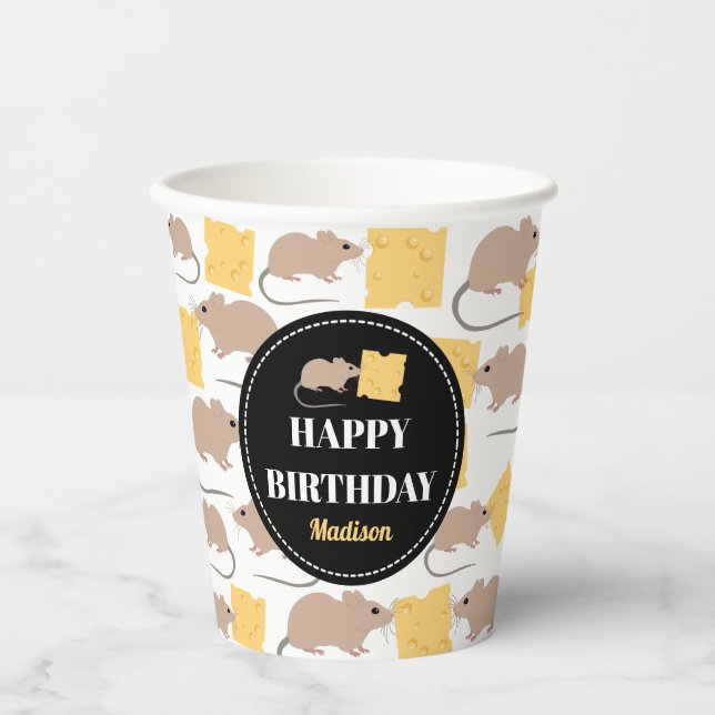 Niedliche Maus Rodent essen Käse Geburtstag Pappbecher (Vorderseite)