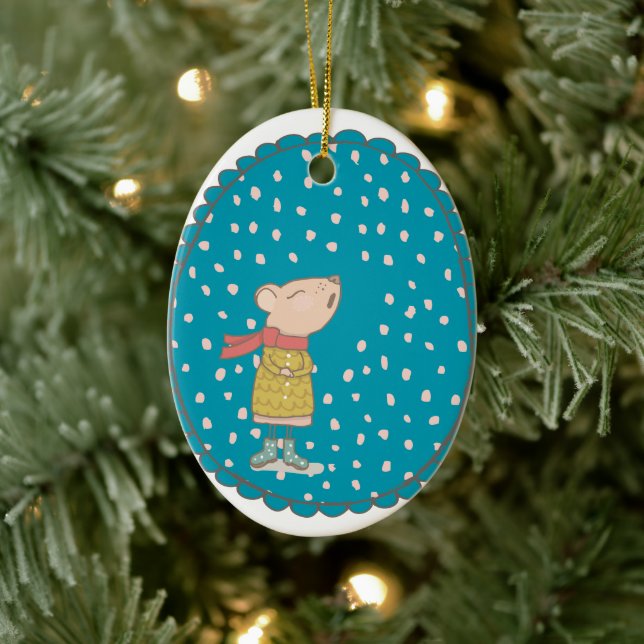 Niedliche Maus singt Weihnachtslieder in Blue Keramik Ornament (Baum)