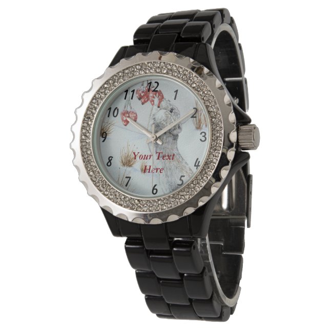 niedliche Mäuse und rote Beeren - Schneeszene Armbanduhr (Schrägansicht)