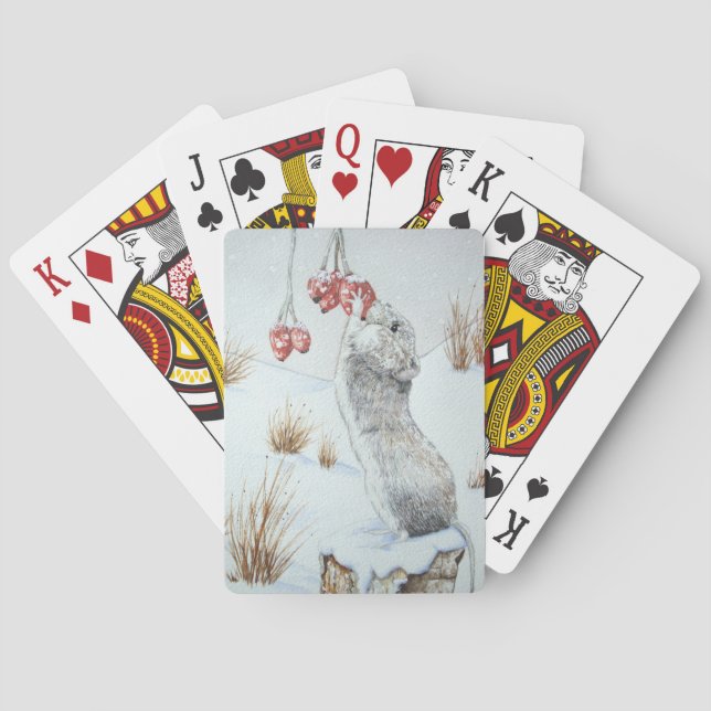 Niedliche Mäuse und rote Beeren - Schneeszene Spielkarten (Rückseite)