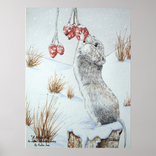 Niedliche Mäuse und rote Beeren Schneeszene Wildku Poster (Vorne)