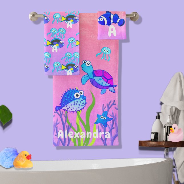 Niedliche Meeresschildkröte Blaue Wasserfarbe Kind Badhandtuch Set (Von Creator hochgeladen)