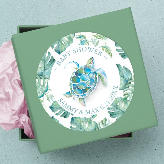 Niedliche Meeresschildkröte & Grüne Gefallen Runder Aufkleber (thank you sticker sea turtle baby shower)