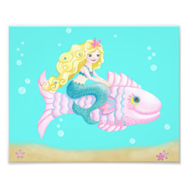 Niedliche Meerjungfrau auf einem rosa Fisch Fotodruck