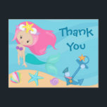 Niedliche Meerjungfrau Danke Beach Birthday Kids Postkarte<br><div class="desc">Niedliche Sondermaid bedanken sich bei Postkarten mit einem hübschen,  rosa haarigen Mädchen mit einem coolen aquamarinen Schwanz,  das neben schönen Muscheln im Ozean schwimmt. Cooler Sommergeburtstag vielen Dank an Notizkarten.</div>