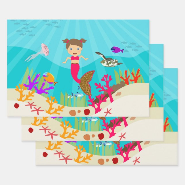 Niedliche Meerjungfrau im farbenfrohen Ozean Geschenkpapier Set (Set)