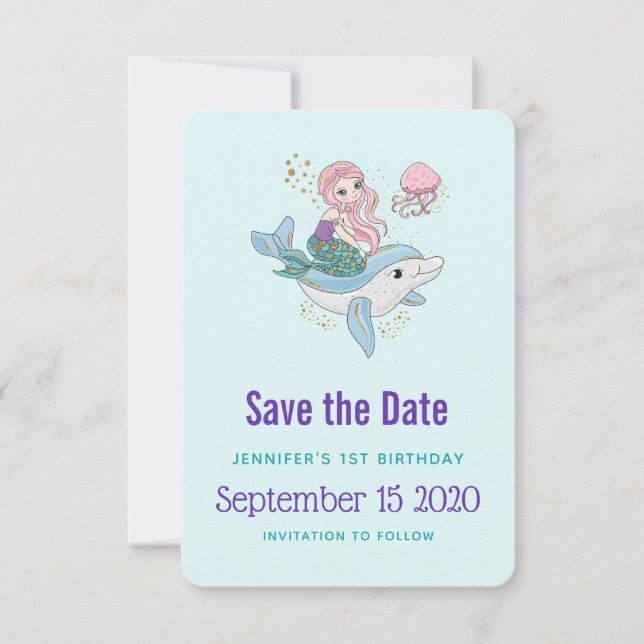 Niedliche Meerjungfrau Rafting a Dolphin Geburtsta Save The Date (Vorderseite)