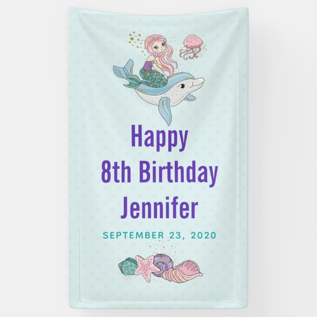 Niedliche Meerjungfrau Reiten auf einem Dolphin Banner (Vertikal)