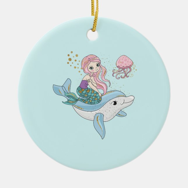 Niedliche Meerjungfrau Reiten auf einem Dolphin Keramik Ornament (Vorne)