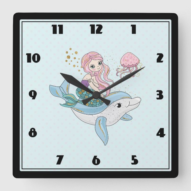 Niedliche Meerjungfrau Reiten auf einem Dolphin Quadratische Wanduhr (Vorderseite)