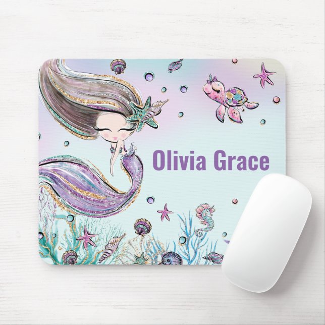 Niedliche Meerjungfrau unter Lila Glitzer Maus Pa Mousepad (Mit Mouse)