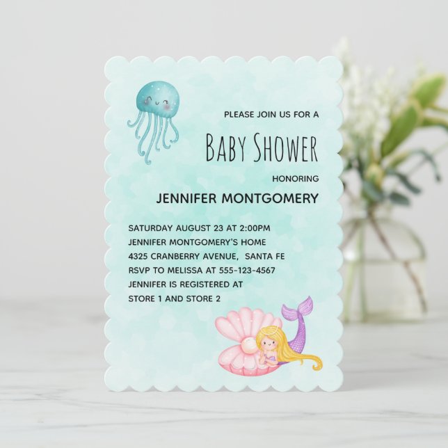 Niedliche Meerjungfrau Unterwasserfarbe Babydusche Einladung (Stehend Vorderseite)