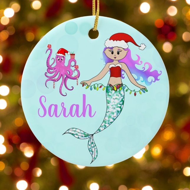 Niedliche Meerjungfrau Weihnachtsleuchten Name Keramik Ornament (Von Creator hochgeladen)
