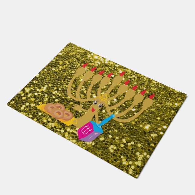 Niedliche Menorah & Dreidel Gold Imitate Glitzer Fußmatte (Schrägansicht)
