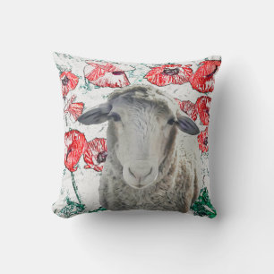 Niedliche Merino Sheep Animal Red Poppy Blume Kissen
