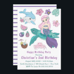 Niedliche Mermaid and Friends 2. Geburtstagseinlad<br><div class="desc">Sie werden diese niedliche Meerjungfrau auf einer Schildkröte,  rosa Krabbe,  blaue Delfin mit Essen und Blume in rosa und aquamarin. Das ist sehr bunt und niedlich.</div>