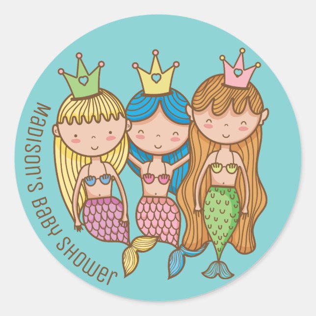 Niedliche Mermaid and Friends Kinderdusche Einladu Runder Aufkleber (Vorderseite)