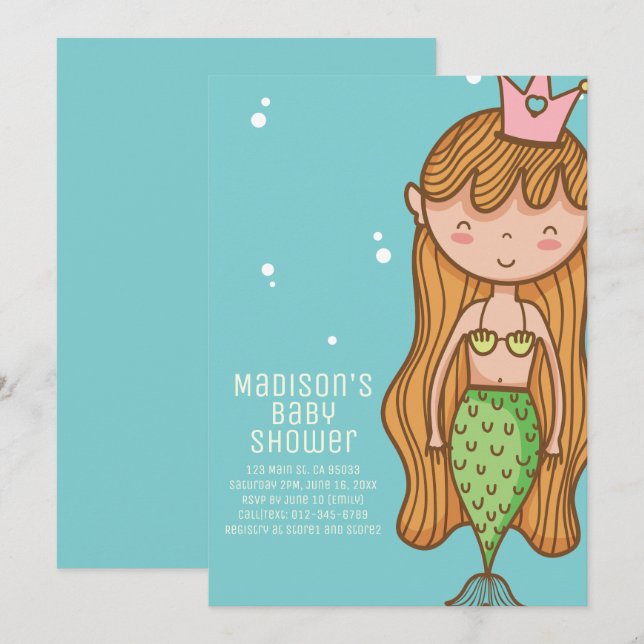 Niedliche Mermaid Baby Dusche Einladung (Vorne/Hinten)