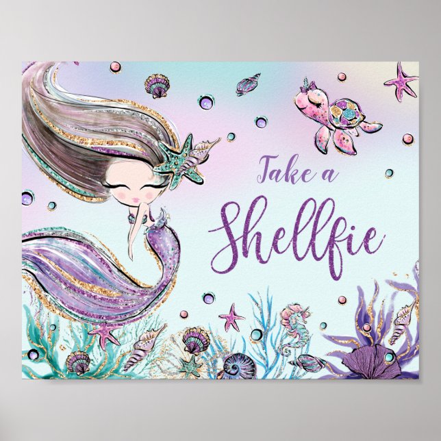 Niedliche Mermaid Birthday Baby Dusche Shellfie ne Poster (Vorne)