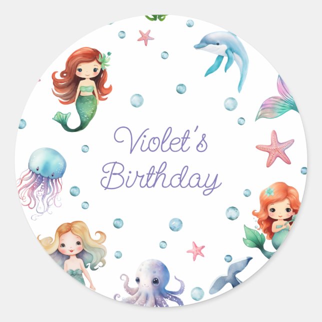 Niedliche Mermaid Birthday Party Runder Aufkleber (Vorderseite)