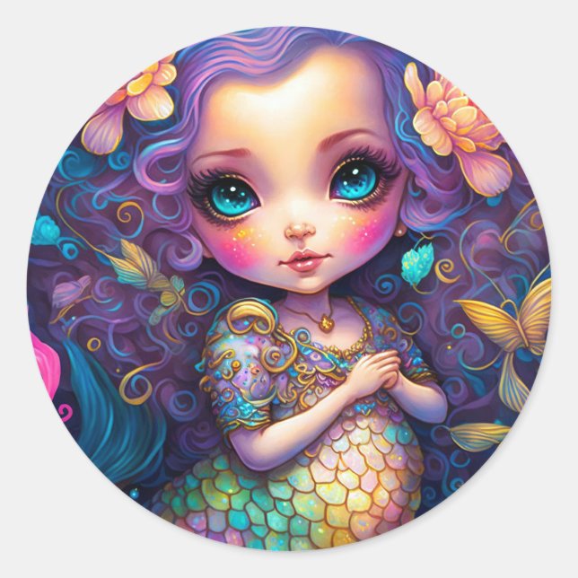 Niedliche Mermaid Fantasy Art Runder Aufkleber (Vorderseite)