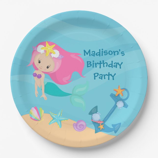 Niedliche Mermaid Girl Beach Custom Kind Geburtsta Pappteller (Vorderseite)