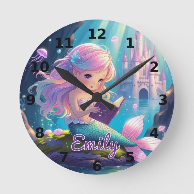 Niedliche Mermaid-Leselampe Runde Wanduhr (Vorderseite)
