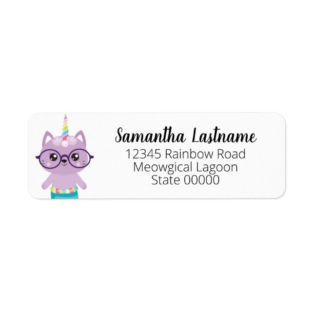 Niedliche Mermaid Unicorn Lila Cat Rücksendeadress (Vorne)